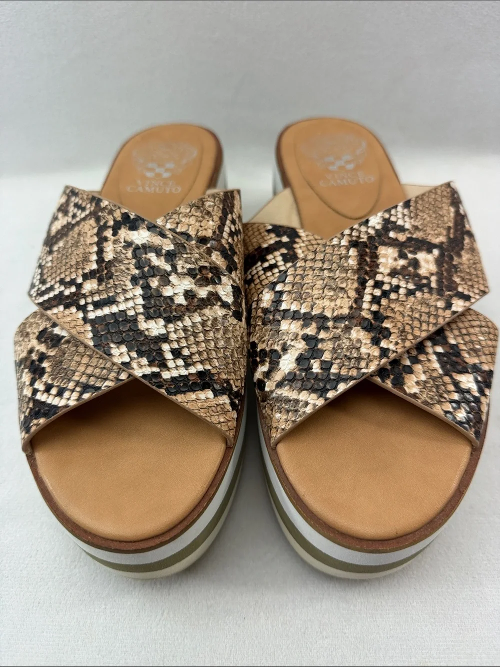 Vince Camuto Snake Print Platform Slide Sandals in Cream Brown Tan